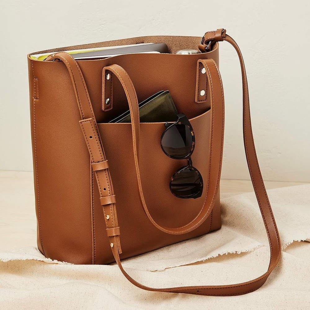 Henny + Lev Vegan Leather 2-in-1 Everyday Tote, Camel Brown, Causebox